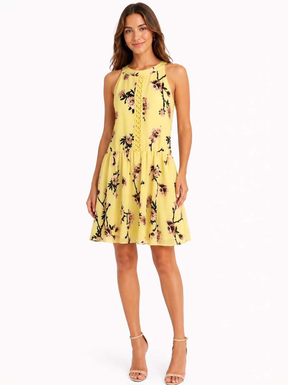 Blue Rain Yellow Floral Halter Mini Dress